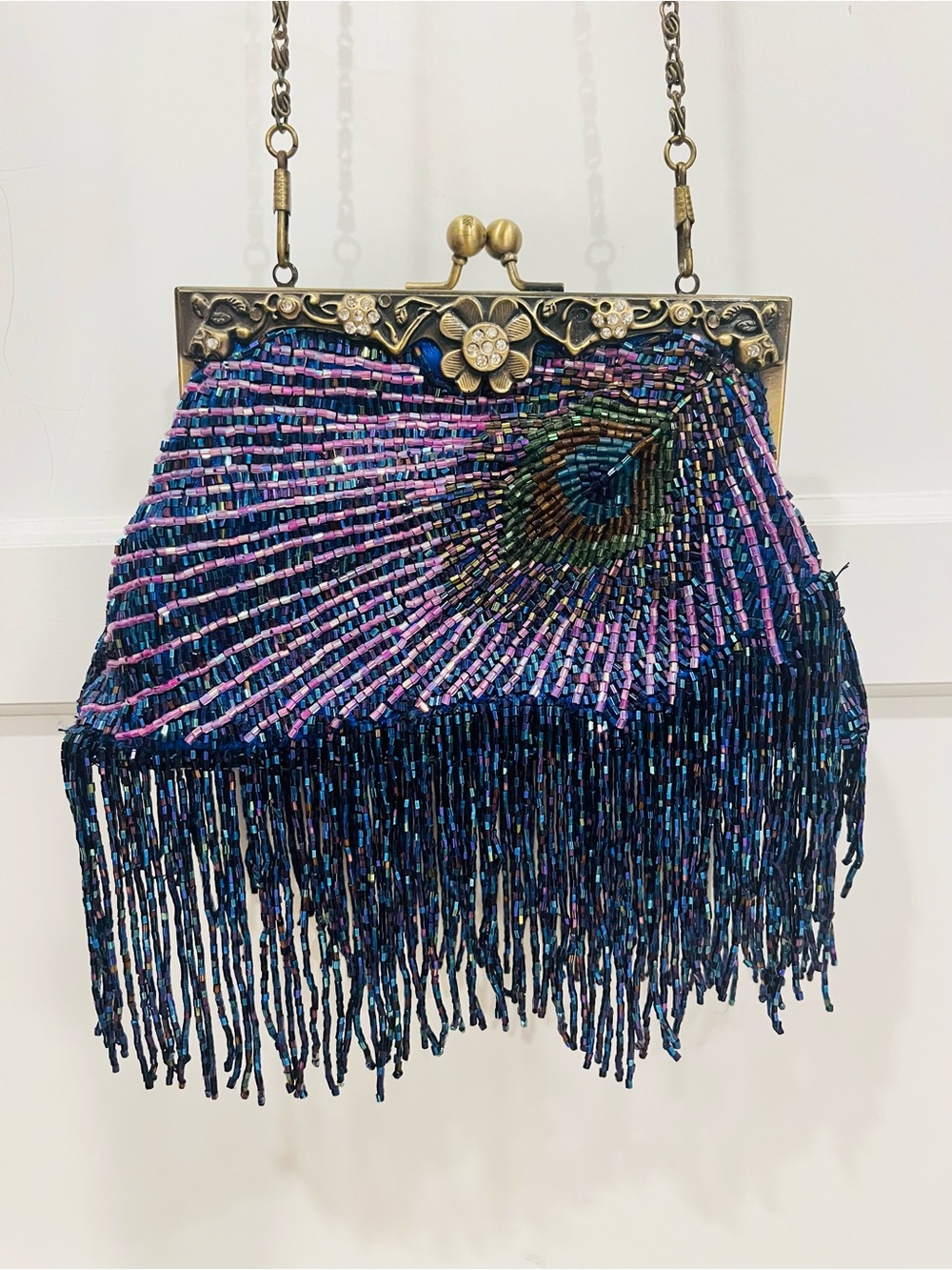 Beaded Peacock Fringe Evening Bag - Purple